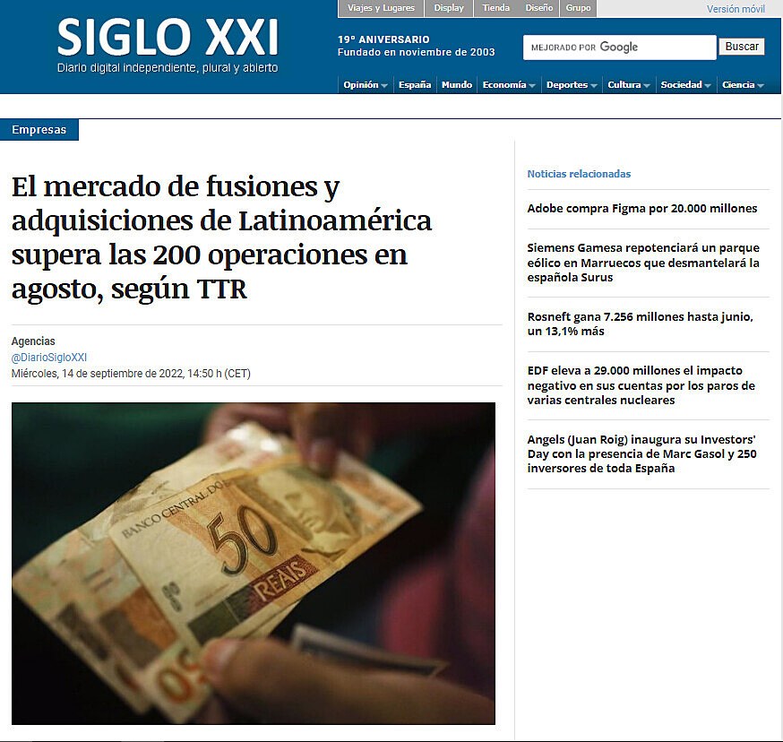 El mercado de fusiones y adquisiciones de Latinoamrica supera las 200 operaciones en agosto, segn TTR